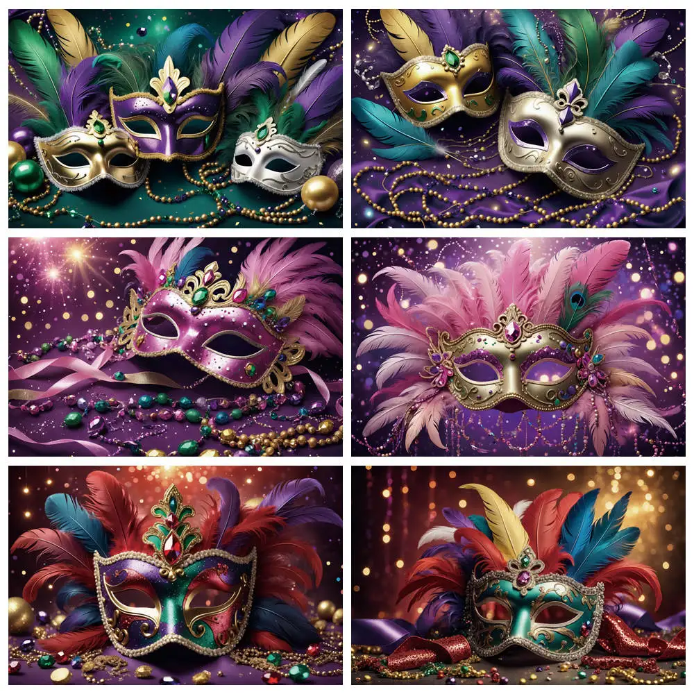 

MOON.QG Mardi Gras Photography Backdrop Mask Masquerade Carnival Party Background Lace Glitter Feather Decoration Photozone