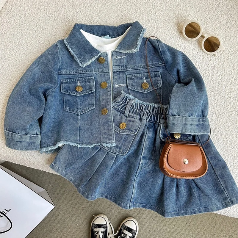 Children\'s clothing 2-8 year old girls denim set 2024new retro lapel long sleeved denim jacket+pleated skirt casual two-pieceset