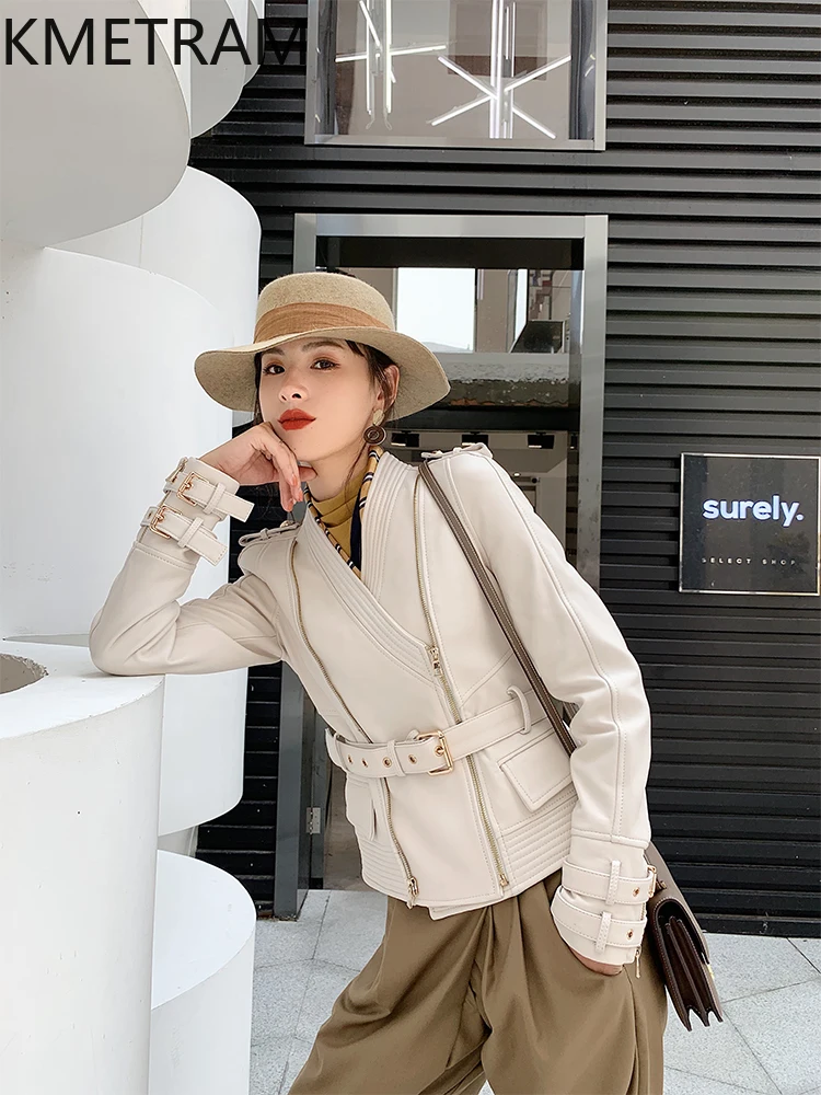 100% Sheepskin Jacket Woman Motorcycle Genuine Leather V Neck Jackets Women Spring Ladies Clothes Slim Fit Coat 2025 кожанка