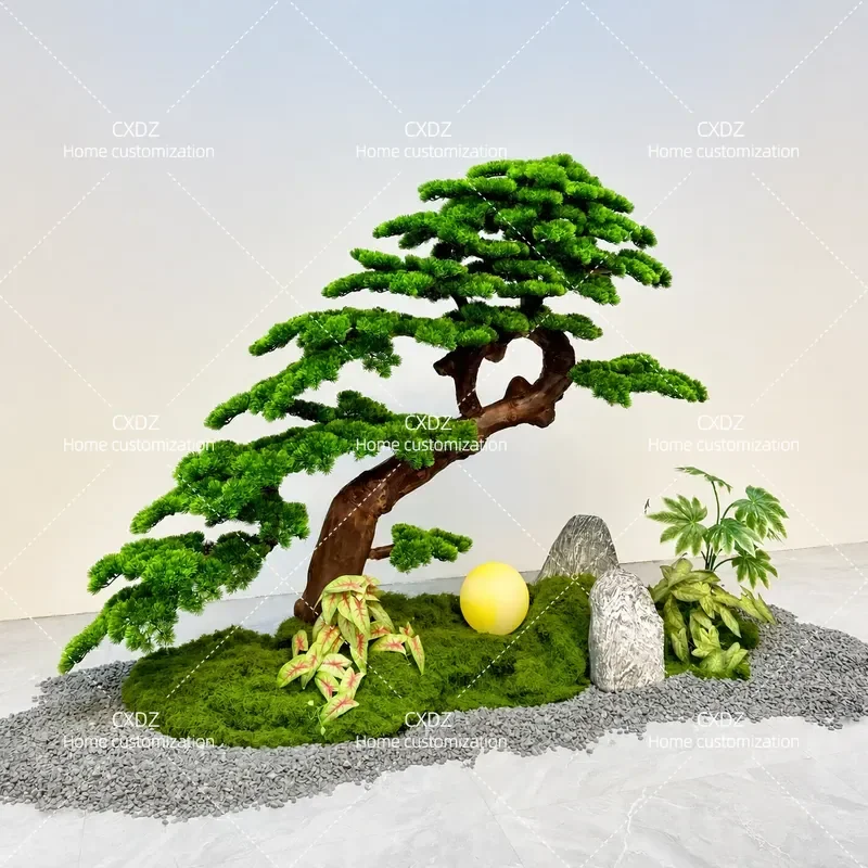 Simulated Welcome Pine Bonsai Chinese Style Zen Green Plant Decoration Indoor Landscaping Tree for Staircase Home Ornament