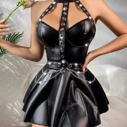 Womens Exotic Faux Leather Dresses Fetish Hater Backless A-line Latex Mini Dress Lingerie Push Up Sexy Costumes Black Dresses