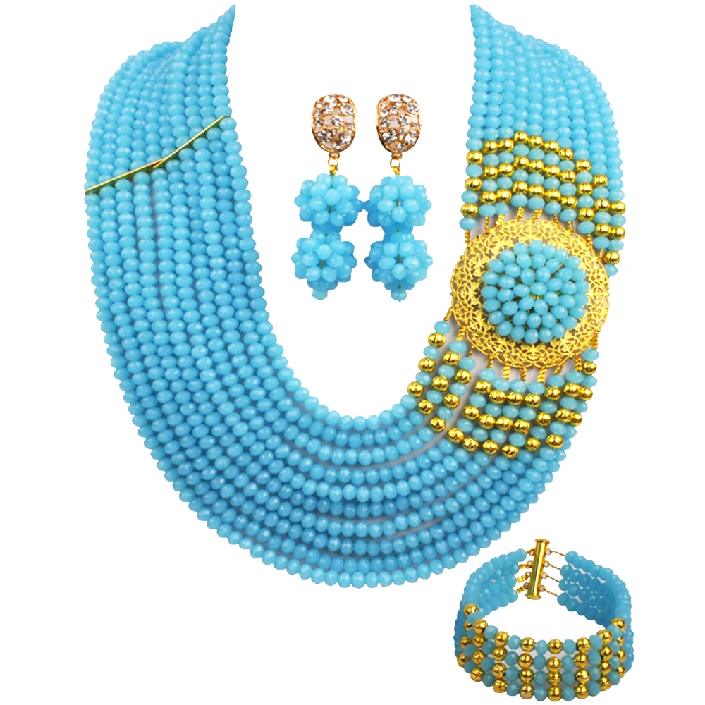 

Aczuv 10 Rows Opaque Lake Blue African Wedding Beads Jewelry Set Costume Necklace Bracelet Earrings