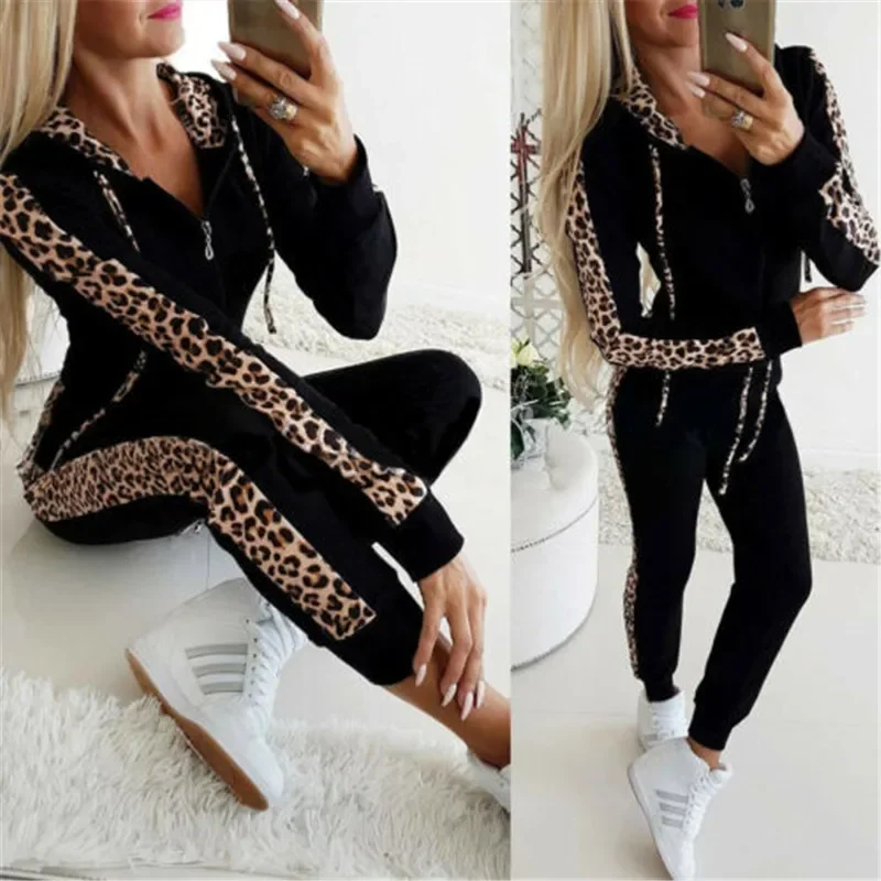 Autumn Women Women Sets Ladies Sports Jogging SuitsTracksuits Set Leopard Print Hoodies Sweatshirt Crop Tops Long Pants