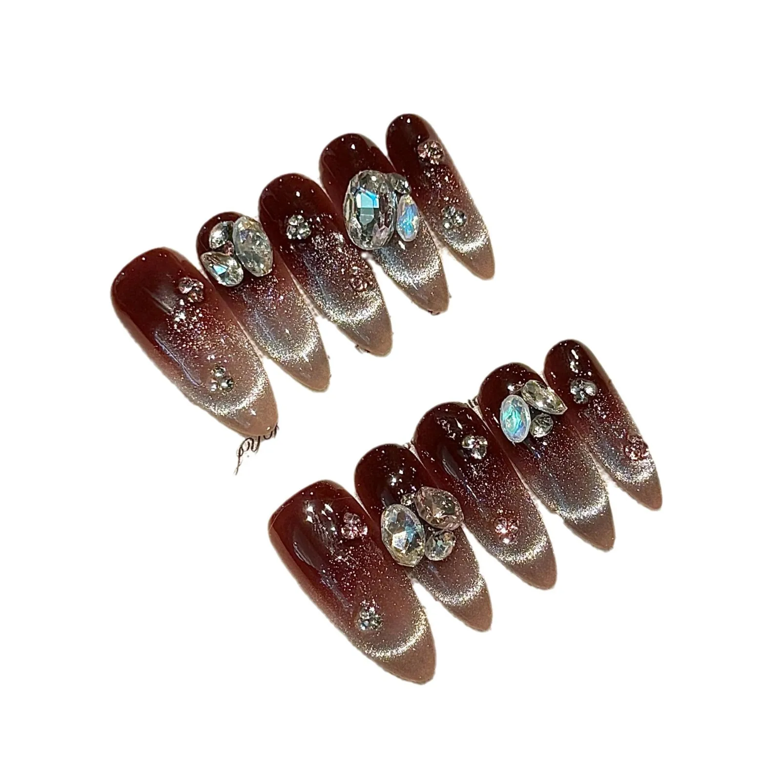 Handmade Almond Autumn Fake Nails Flash Diamond Decor Press On Acyrlic Nails Red Brown Gradient Long Cat's Eye French False Nail