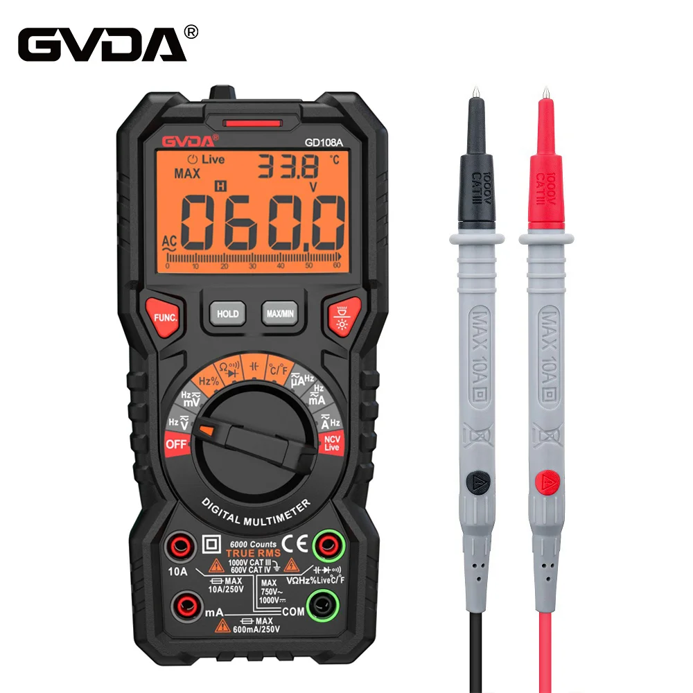 GVDA NEW Digital Multimeter Ture RMS Auto Range 6000 Counts Multimetro 1000V 10A AC DC Ohm Hz NCV Live Voltage Temperature Meter