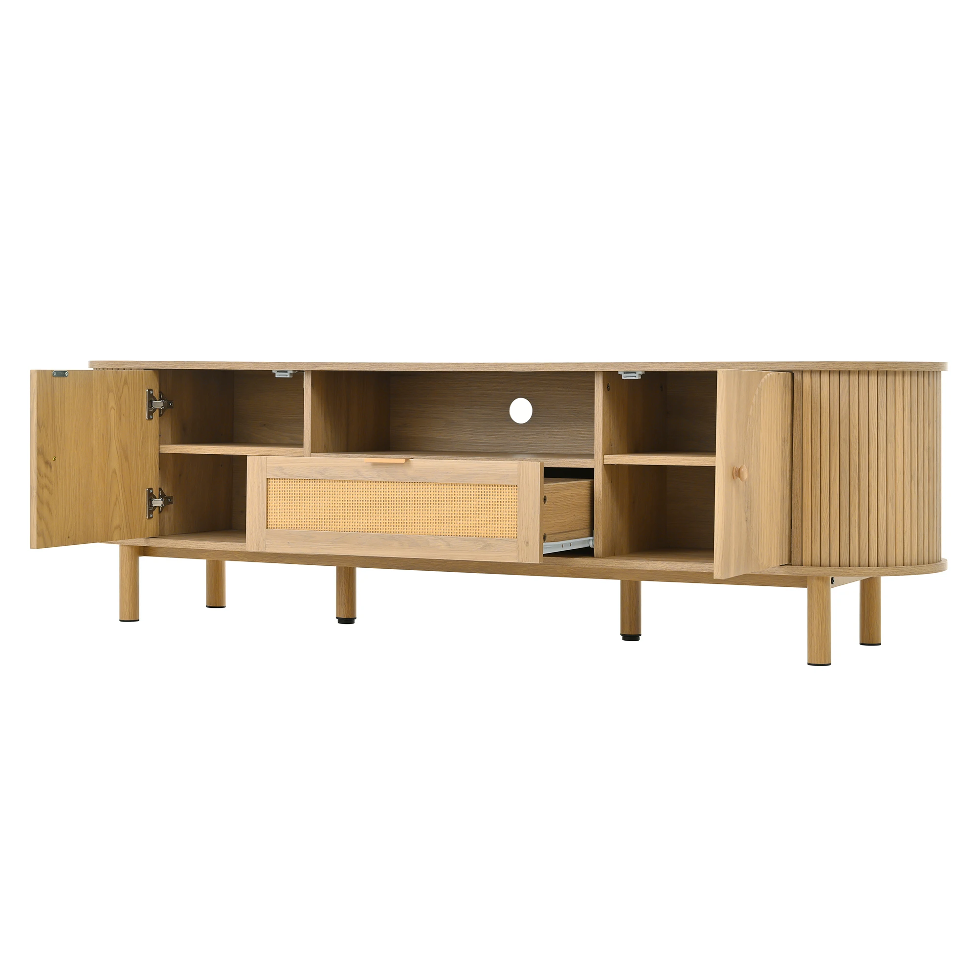 PINGGO Moderner TV-Schrank mit Rattanschublade, offenen Regalen, runder Tischplatte, Metallbeinen, Holzoptik, 175x36x41 cm – Detail 12