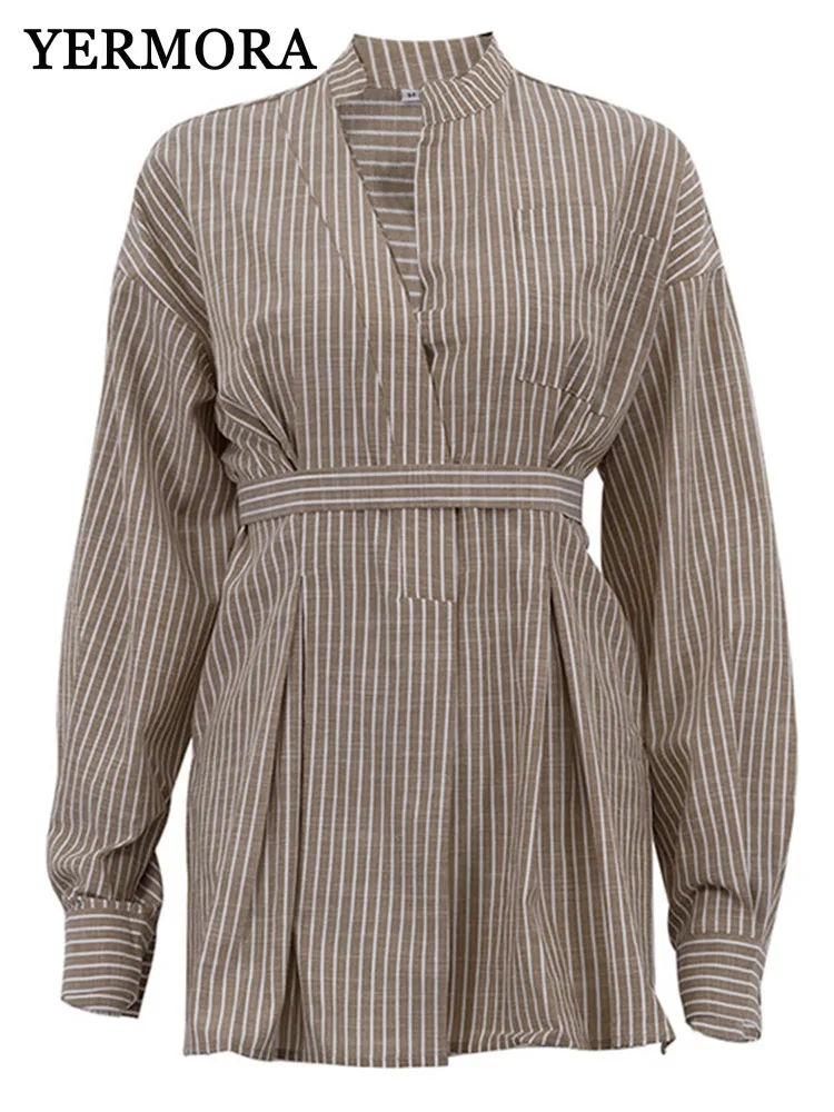 

YERMORA Khaki Striped Bandage Casual Blouse For Women Asymmetric Lapel Long Sleeve Shirt Fashion Spring Autumn 2025 New A535