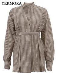 YERMORA Khaki Striped Bandage Casual Blouse For Women Asymmetric Lapel Long Sleeve Shirt Fashion Spring Autumn 2025 New A535