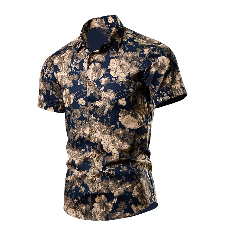 

Men's Green Printed Short Sleeve Cotton Shirt,Summer Beach Casual Shirts Single Breasted Lapel Camisa Chemise.