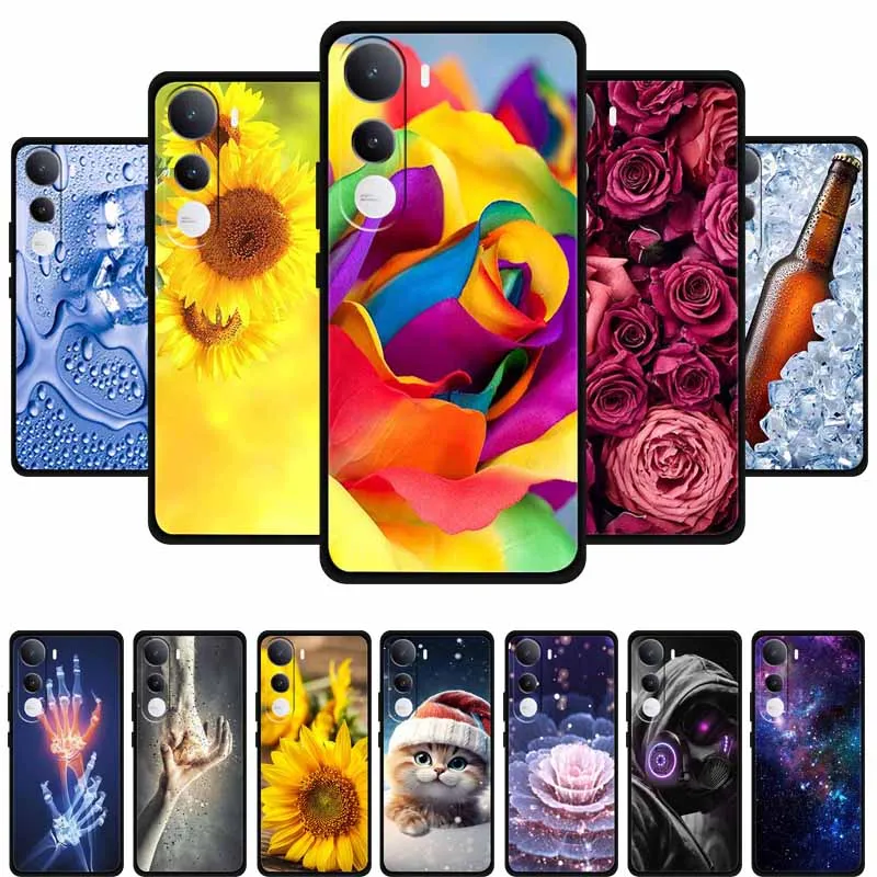 Casing HP Vivo Y400 4G Motif Bunga Lukis Hitam Silikon Lembut Penutup Belakang HP Untuk Vivo Y400 5G 2025 TPU Pelindung Fundas Para