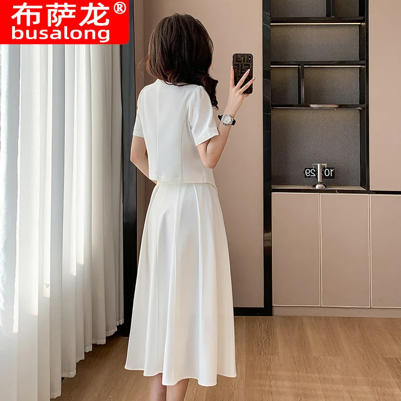 Green Summer Retro Double-Breasted Short Coat Skirt Two-Piece Fashion Suit Temperament Women's Short Sleeve Formal Wear