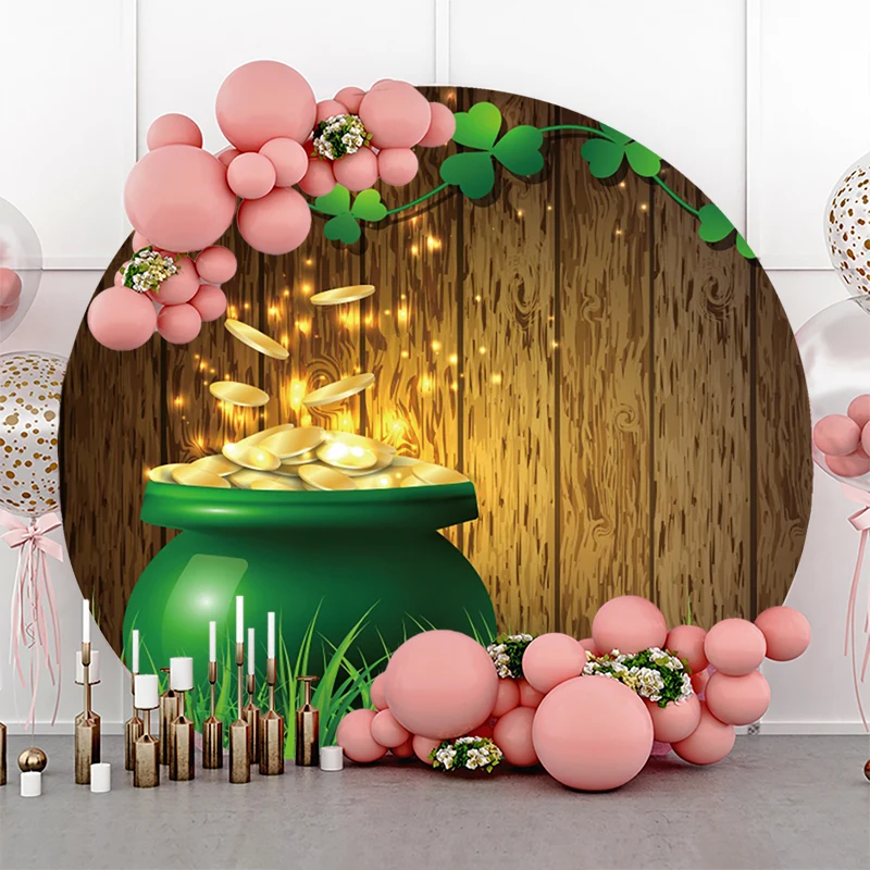 Happy St Patricks Day Photo Backdrop Wood Wall Round Background Circle Cover Gold Coins Lucky Shamrock Clover Irish Party Decor