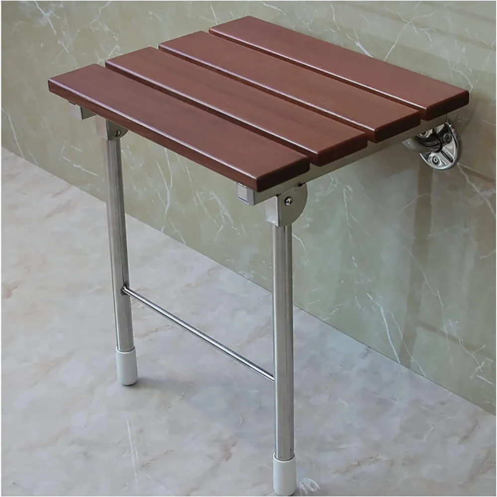 

Folding Shower Seat Wall Mount, Seniors with Support Legs Bathroom Safety Shower Stool Foldable Wall Wood Shower Chair