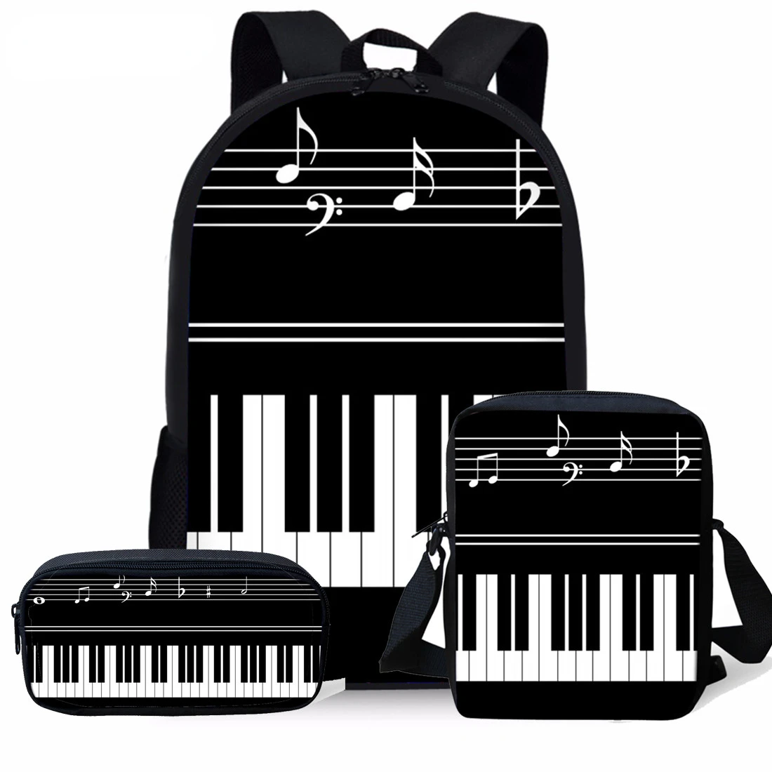 Hip Hop Piano Keyboard Musical Notes 3pcs/Set Backpack 3D Print School Bookbag Travel Laptop Daypack Shoulder Bag Pencil Case