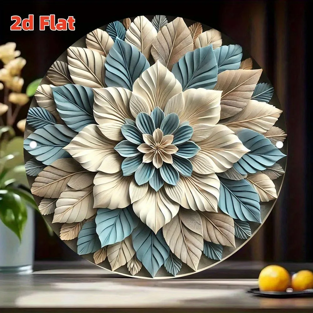Vintage Blue White Leaf Floral Round Aluminum Wall Art Waterproof Durable Indoor Outdoor Home Decor