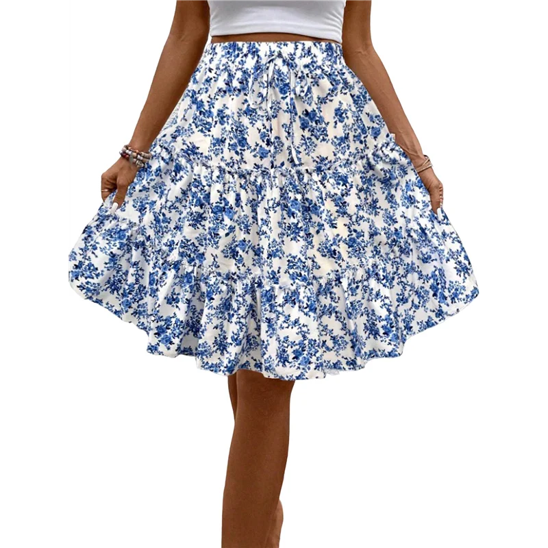 ABP-Women's Floral Print Ruffle Hem Elastic High Waist Tie Front Skirt