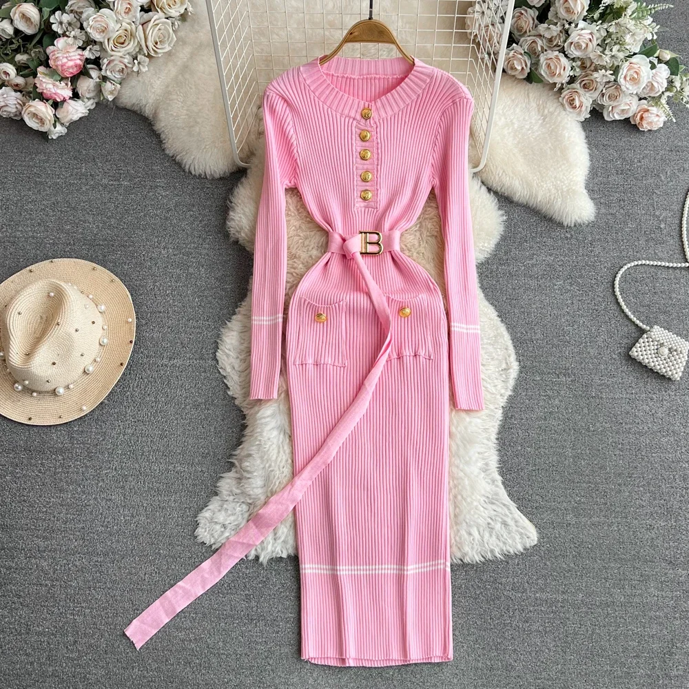 Sashes Women Dress Bodycon Autumn Winter Elegant Strecth Rib Knit Long Pencil Dress Buttons Office Lady Sweater Dress Vestidos