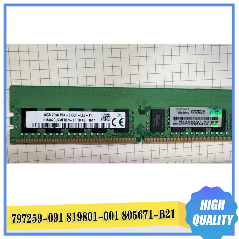 1 Pcs 16G RAM 797259-091 819801-001 805671-B21 16GB DDR4 2RX8 2133 UDIMM ECC Memory For HP