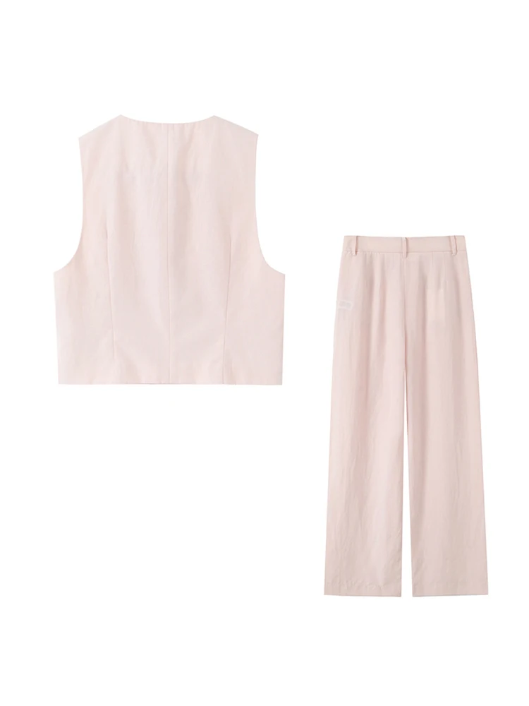 Fanan Women Fashion With Vents Crop Waistcoat And High Waist Side Pockets Wide Leg Pants Female Sets Mujer