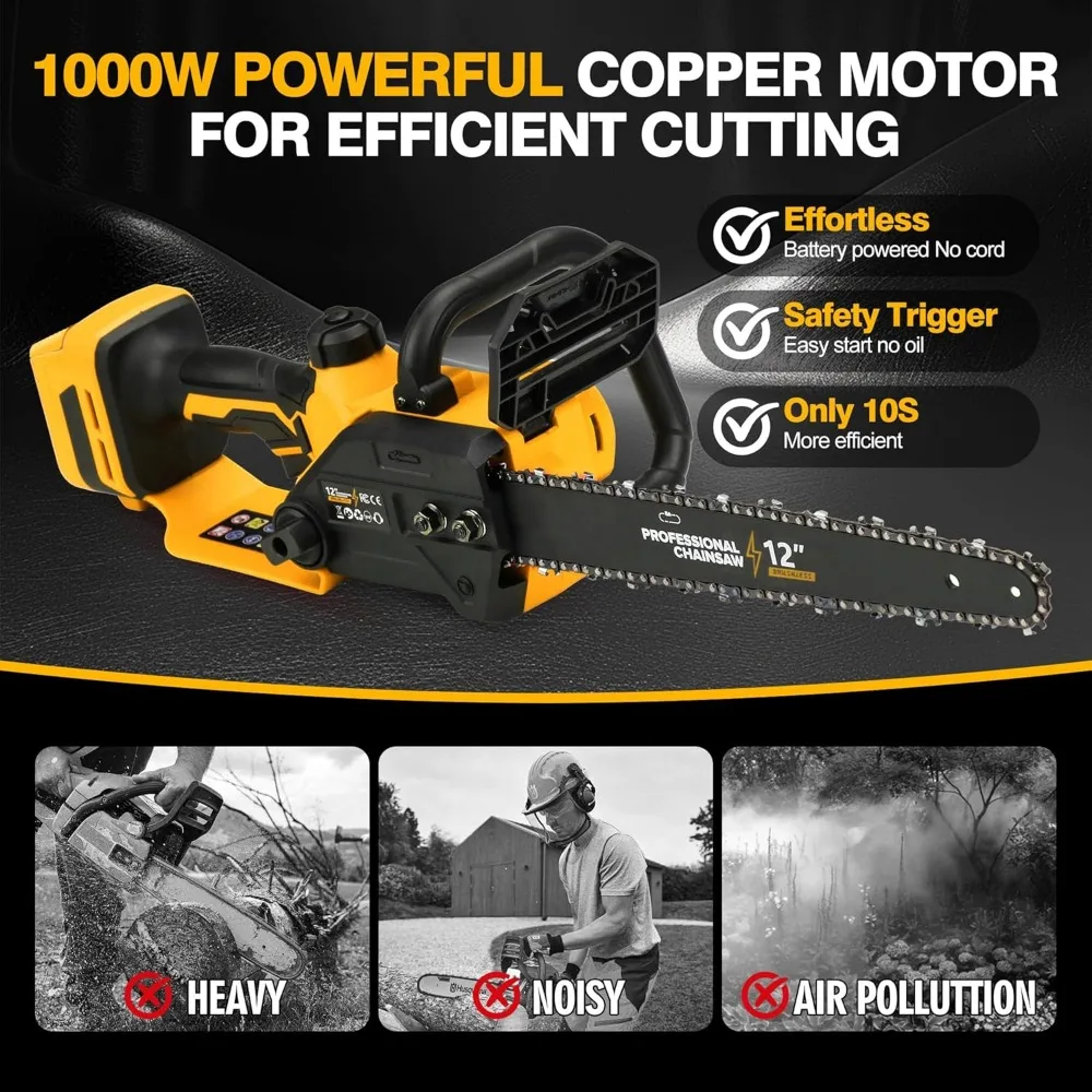 Motosserra elétrica sem escova sem fio de 12" com lubrificador automático e trava de segurança, leve para aparar árvores e corte de madeira