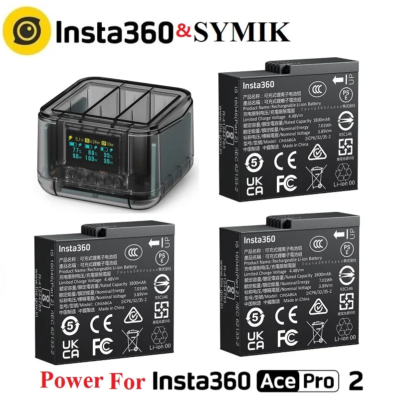오리지널 인스타 360 에이스 프로 2 배터리, 1800mAh 대용량 및 SYMIK 고속 충전기 케이스, 인스타 360 에이스 프로 2 전원 액세서리