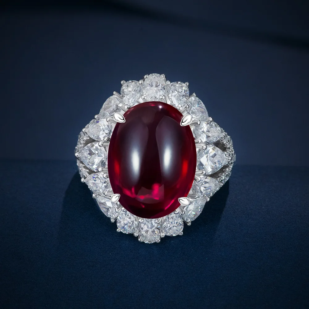 

925 Silver Egg Shape Plain 12 * 16 Red Corundum 15 Carat Pigeon Egg Full Set Diamond Colorful Treasure Ring