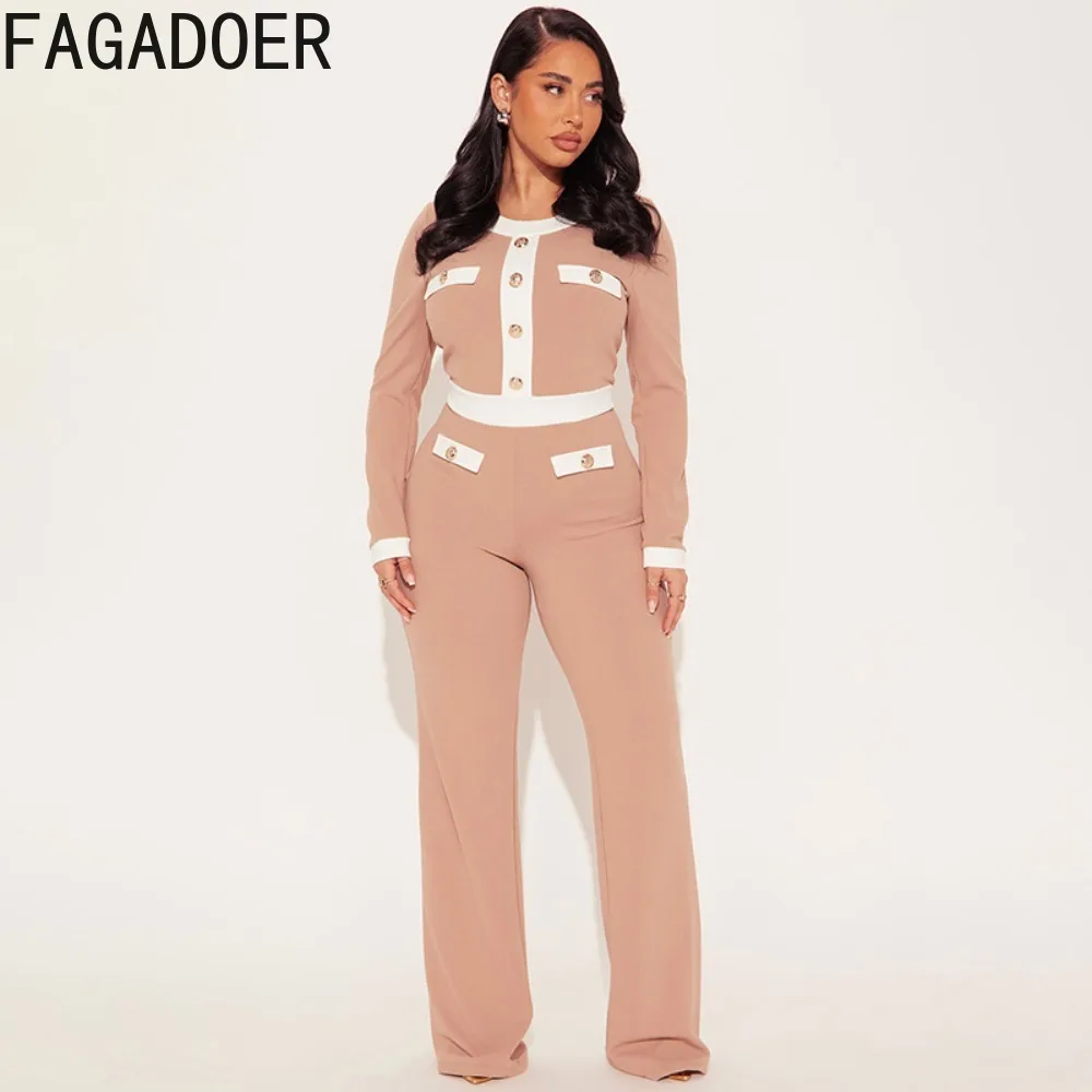 FAGADOER Set Pakaian Wanita Musim Gugur Model Terbaru 2 Potong, Atasan Crop Lengan Panjang Warna Kontras + Celana, Setelan Midnight, Streetwear Wanita