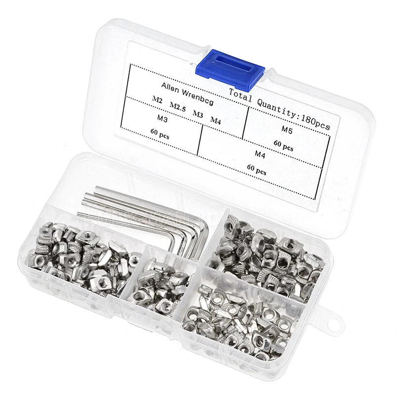 184pcs/lot M3 M4 M5 Drop in T Nut Hammer Head Sliding T Slot Nut Set with Allen Wrench Fasteners for 2020 Aluminum Profile