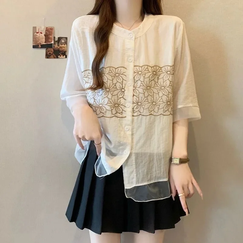 

Women's Shirt Blouse 2025 New Loose Slim Summer Clothing for Women Heavy Industry Embroidery Chiffon Shirt Short Sleeved Top