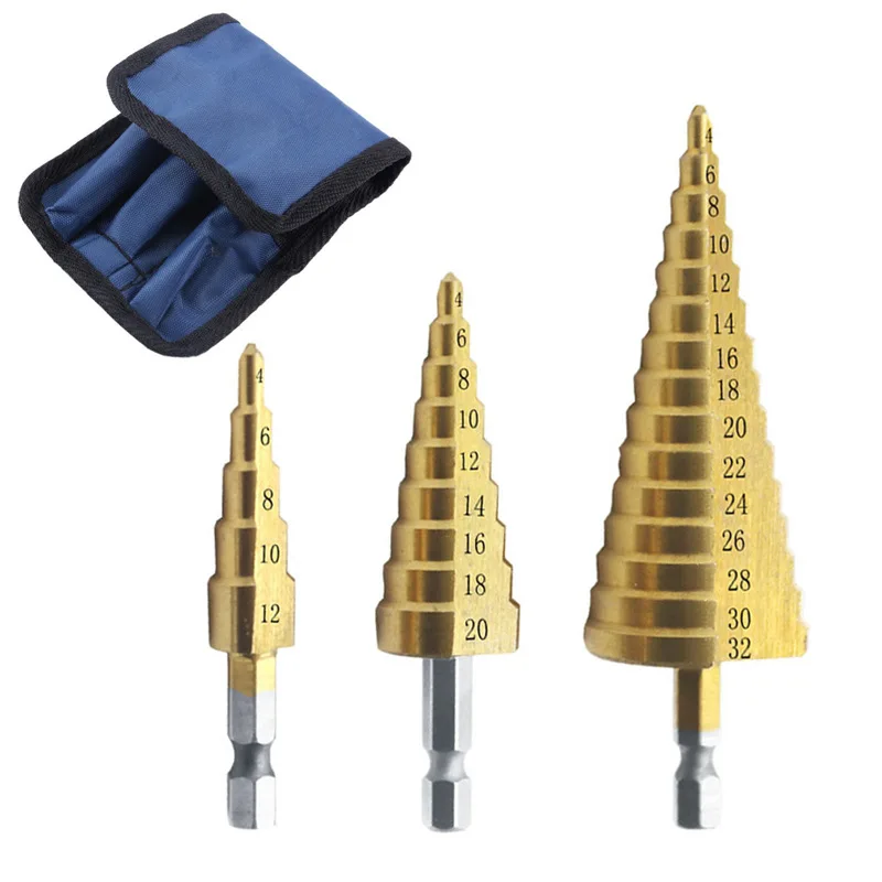 3Pcs 4-12mm 4-20mm 4-32mm HSS Straight Groove Step Drill Bit Titanium Coated Wood Metal Hole Cutter Core Cone Drilling Tools Set