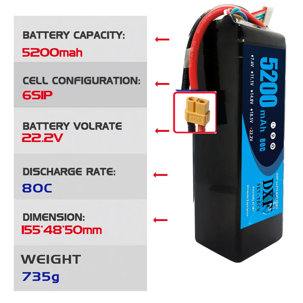 Akumulator DXF Lipo 6S 22.2V 10000mAh 7000mAh 5200mAh z wtyczką XT60 EC5 SoftCase do 1/8 Truggy Offroad Car Truck Airplane RACING