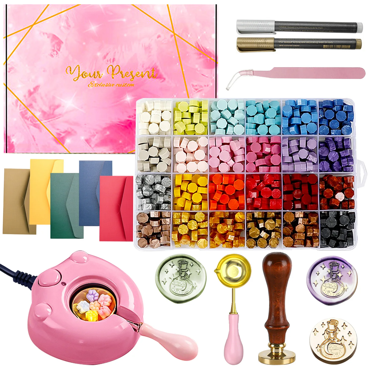 

Electric Wax Seal Stamp Kit with Pink Gift Box, 624 Pcs Wax Seal Beads Warmer Stamp Spoon Seal Pens, Envelopes, Tweezers