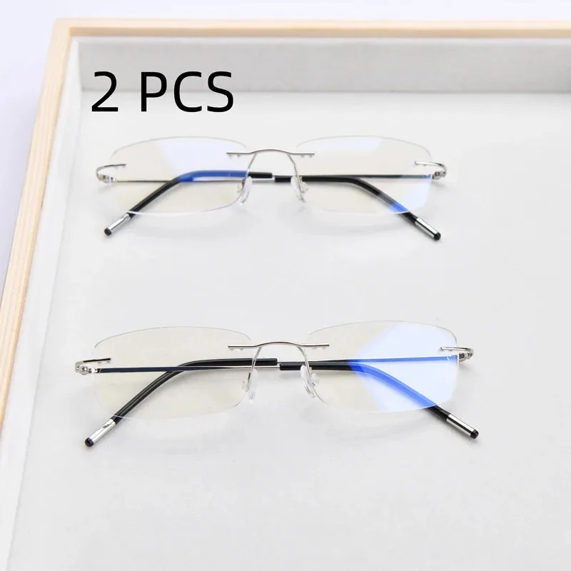 2er-Set rahmenlose Lesebrille mit Blaulichtfilter für Damen und Herren, Metall, Anti-Ermüdungs-Presbyopie-Brille mit flexiblem Bügel
