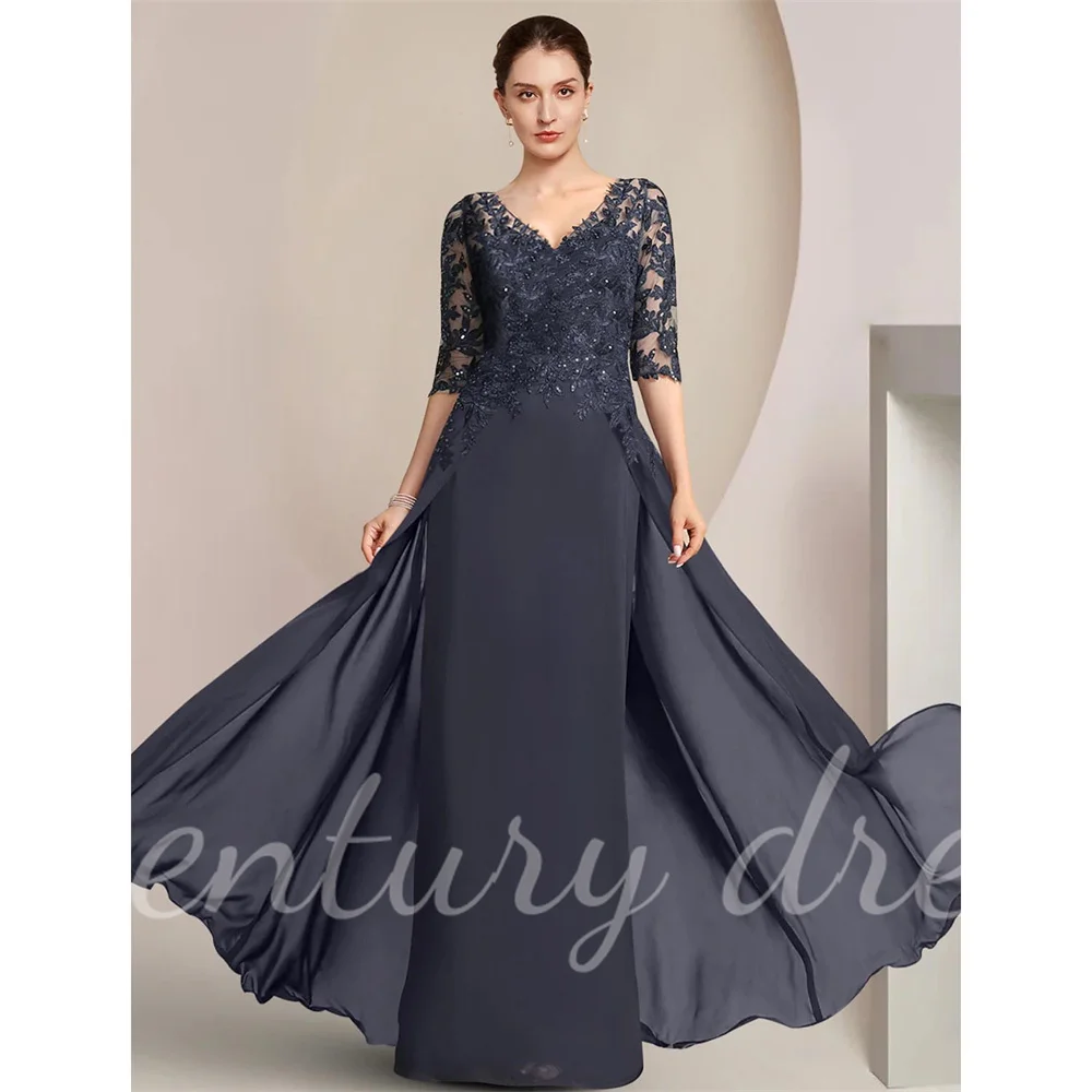 Chiffon Lace Mother of the Bride Dress Sheath Customized Formal Wedding Guest Elegant V Neck Half Sleeve with Sequin Appliques