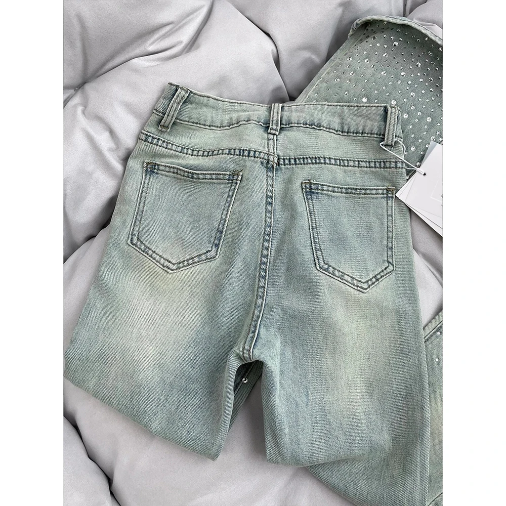 

Women High Waist Jeans Shiny Diamonds Flare Pants Female Casual Versatile Commuting Slim Ankle-Length Light Blue Trousers