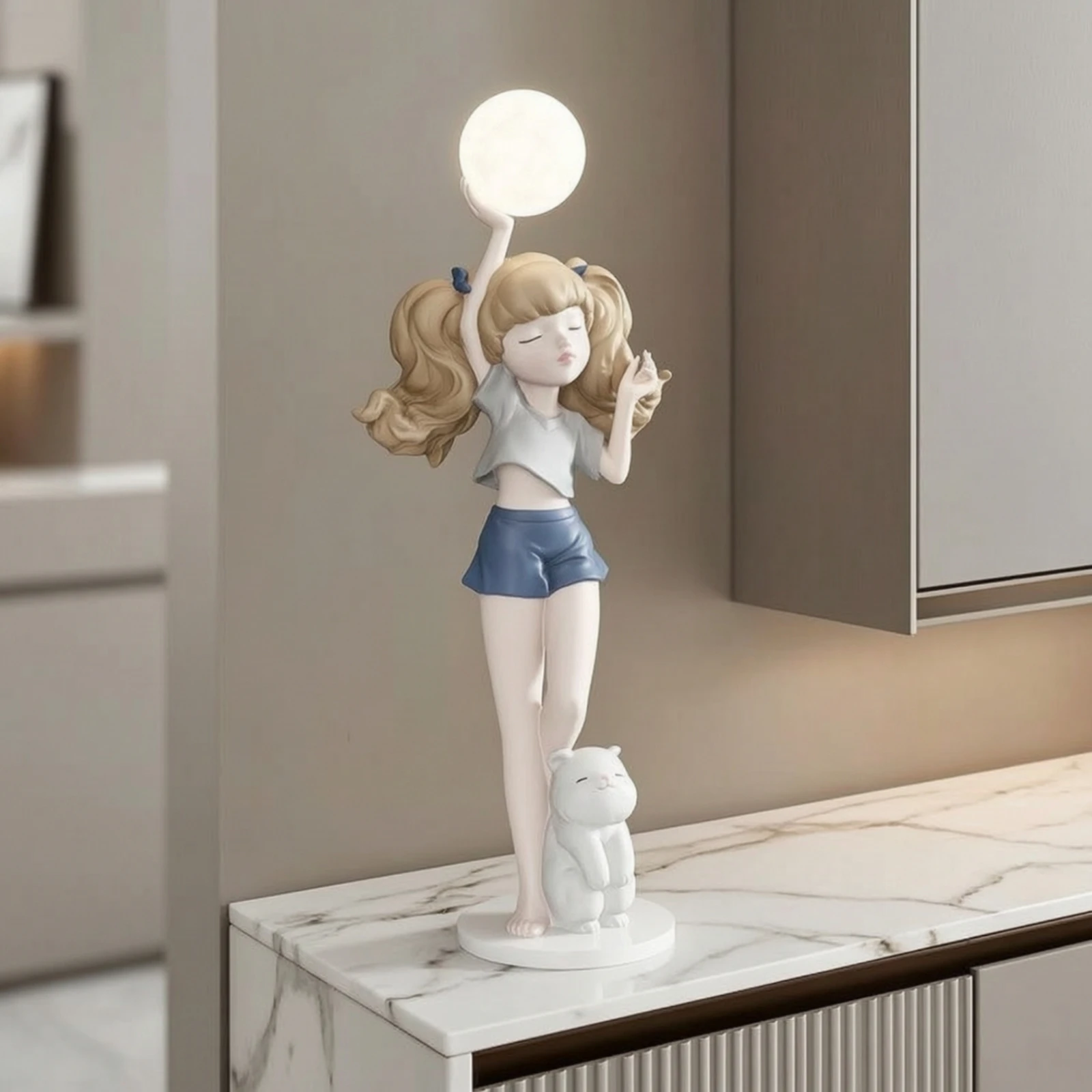 Girl Figurine with Lamp Whimsical Girl Statue with Glowing Sphere Lamp with Figurine Sculpted Sculpture Light Resin