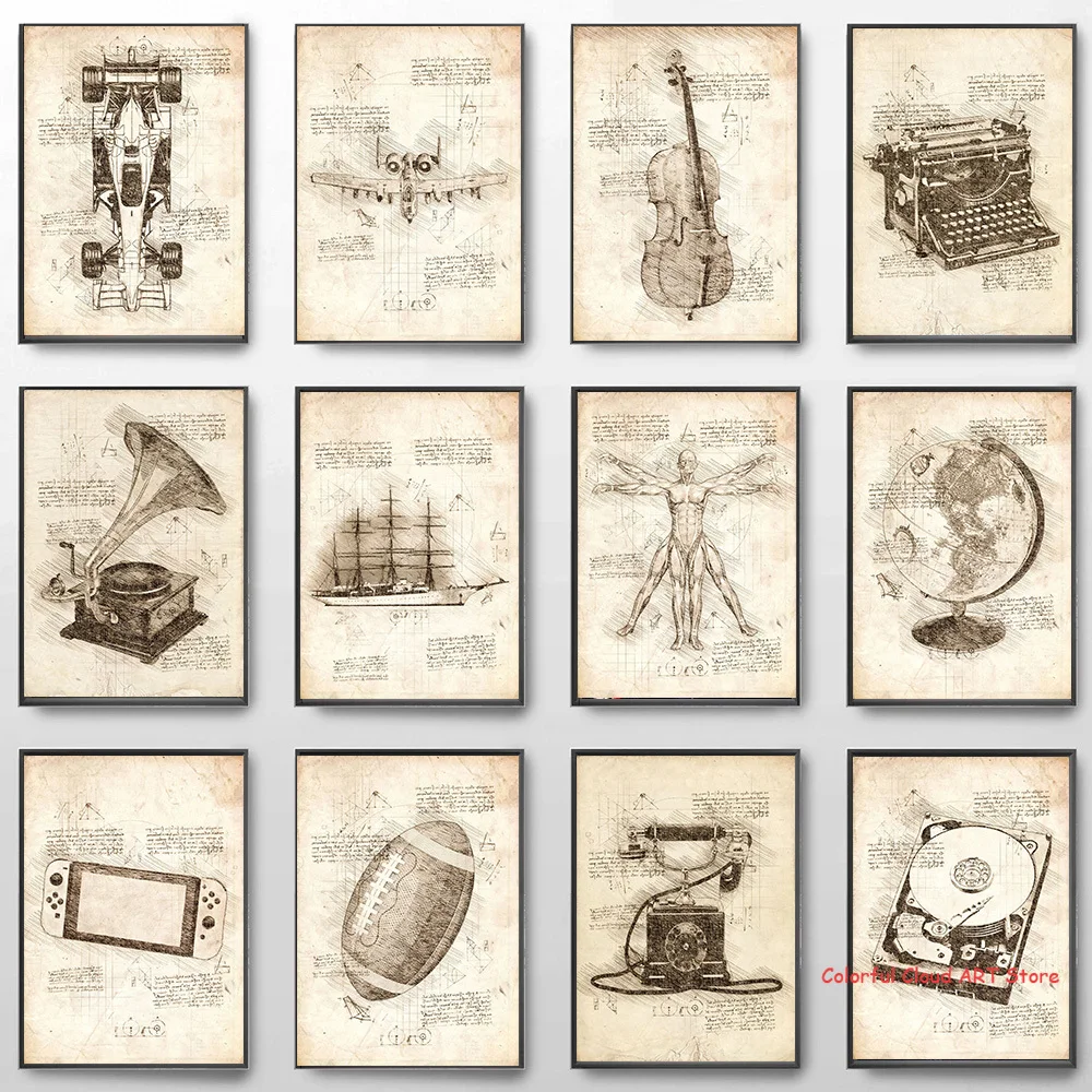 الرجعية الفن دافنشي مستوحاة الرسومات المشارك الغيتار Vitruvian رجل ساعة جيب لعبة وحدة التحكم قماش اللوحة صورة ديكور المنزل