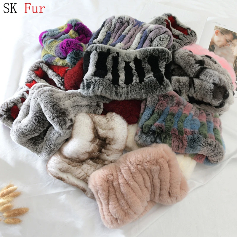 

2024 Hot Sale Women Hairband Headband Knitted Real Rex Rabbit Fur Scarves Headbands For Girls Neck Warmer Scarf Natural Fur Ring