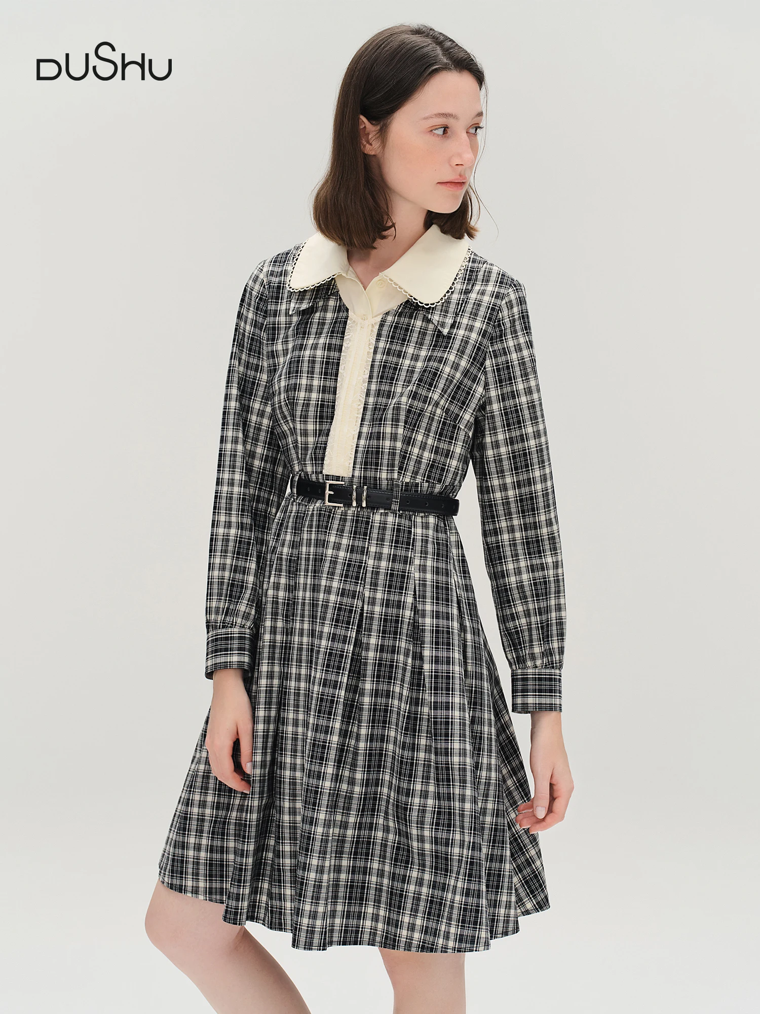 

DUSHU Lace Peter Pan Collar Plaid Dress Women 2025 Autumn New Style Long Sleeve Knee Length Vintage Girlish British Style