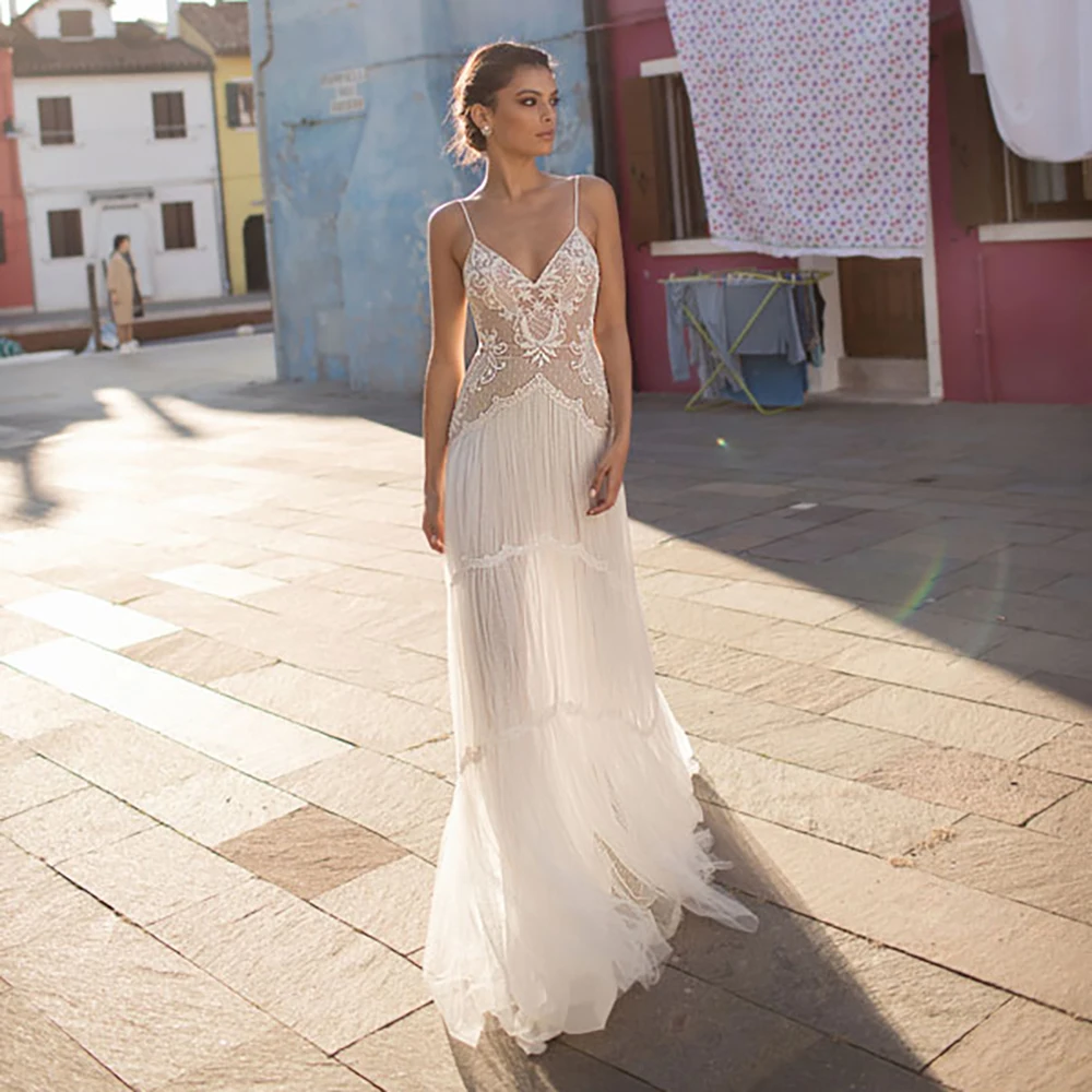 Robe de Mariée en Dentelle de Style Boho avec Bretelles Spaghetti Personnalisées, en Tulle à Plusieurs Niveaux, Coupe Slim Romantique, Ligne A, Dos aux, pour Patients