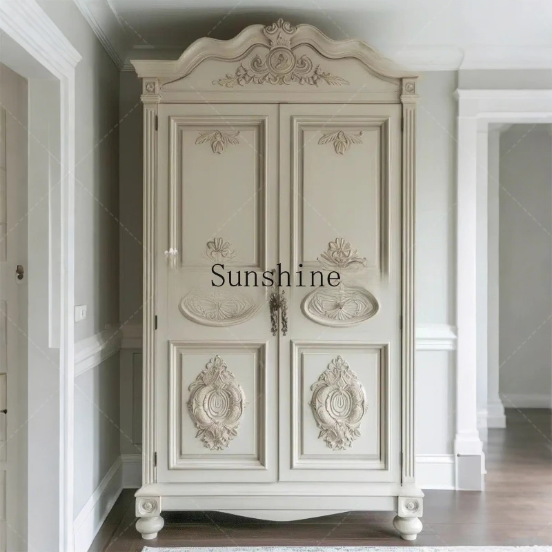 

Vintage French solid wood carving flower wardrobe bedroom storage home storage large wardrobe white