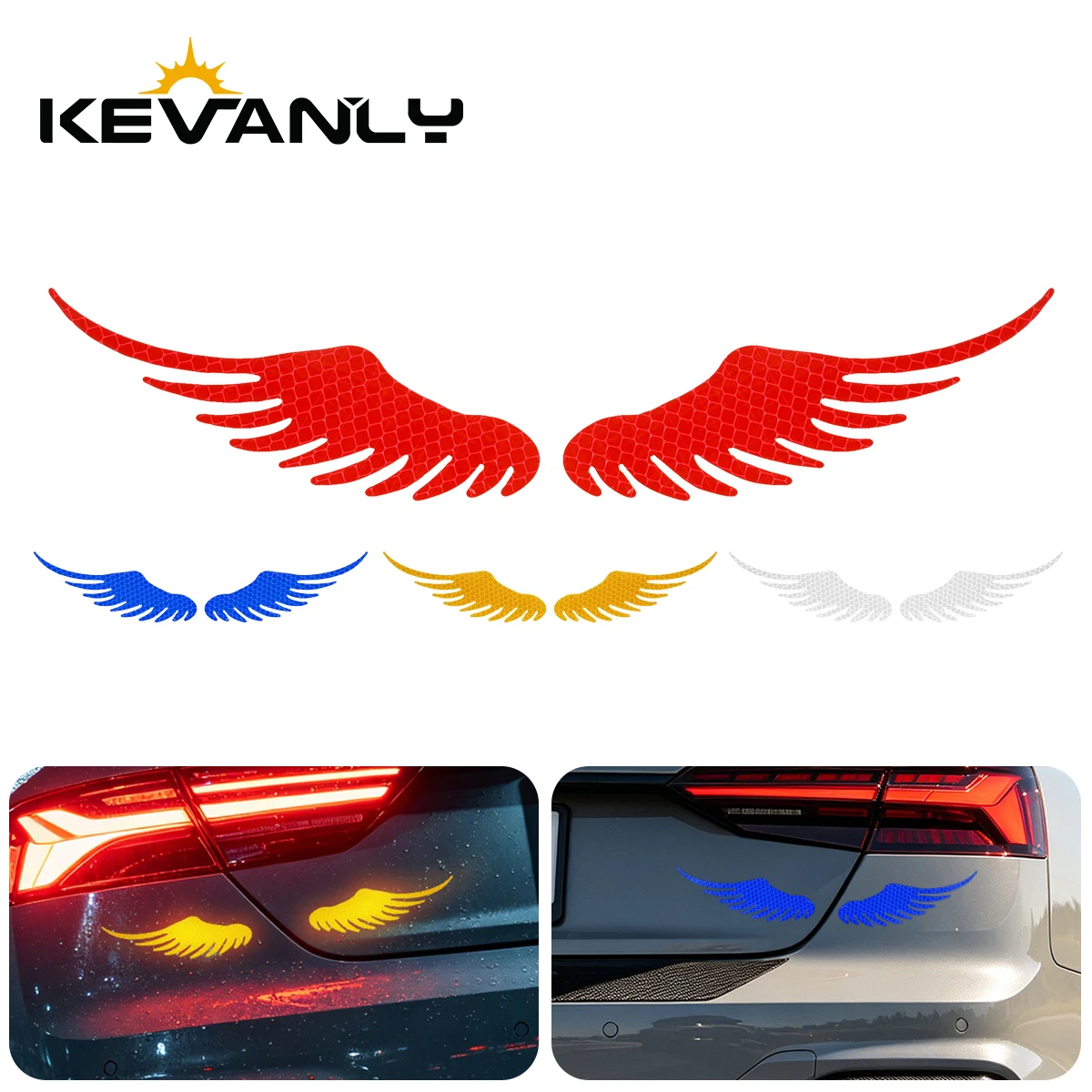 KEVANLY Car Reflective Safety Warning Sticker Creative Angel Wings Waterproof for Motorbike Fuel Tank Scooter Body Decal Kits