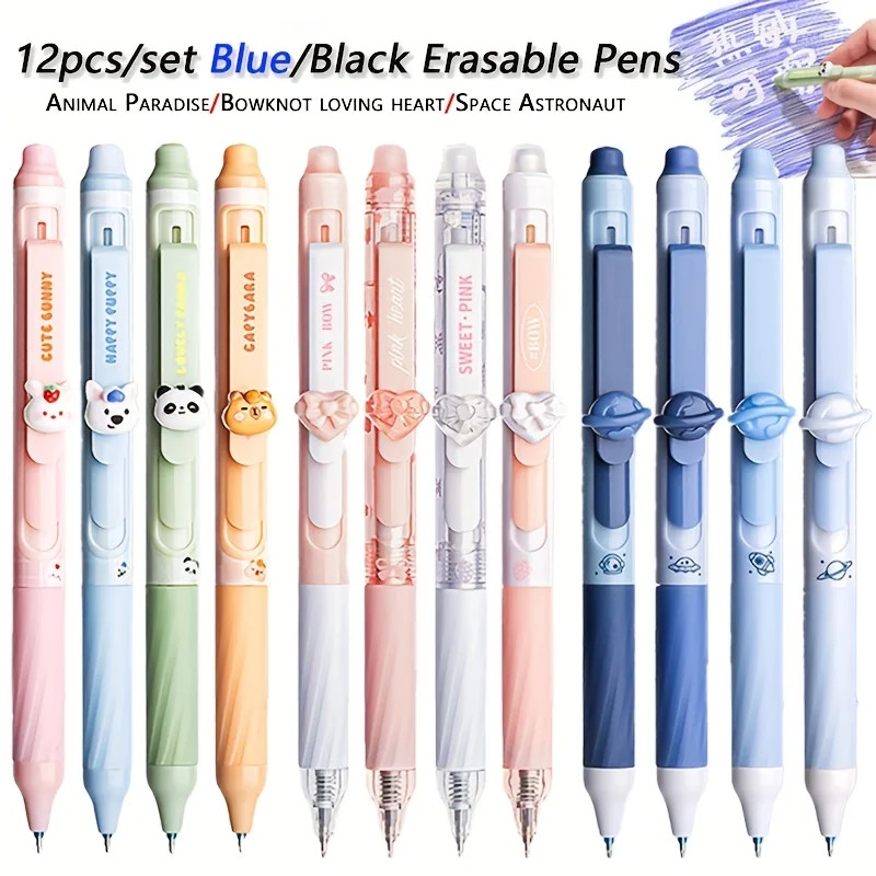 

12pcs/set Kawai 0.5mm Black/Blue Ink Erasable Gel Pen Push Using Quick Drying Kitty Pen Erasable Writing Tool School Office