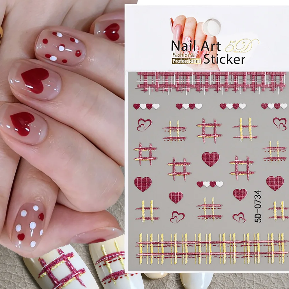 1pc-5D Sweet Embossed Checkered &Love Heart Nail Art Sticker Pink Red Plaid Line Nail Decal Self-Adhesive Girl Checkered Slider