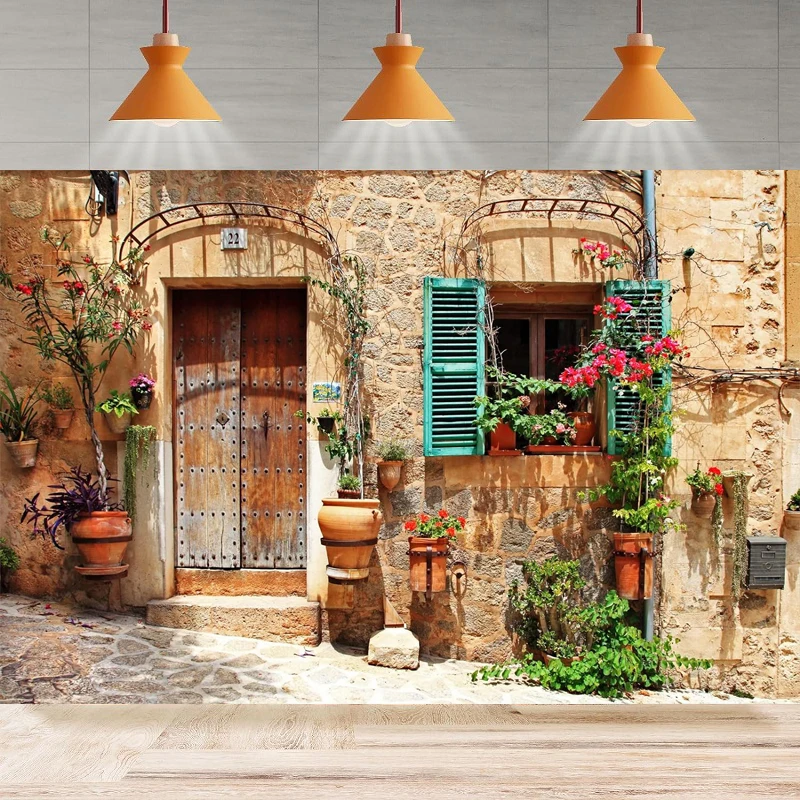 Italy Streets Photography Backdrop Mediterranean Towns Alley Stone Wall Flower Door Windows Wall Scene Photo Background Decor