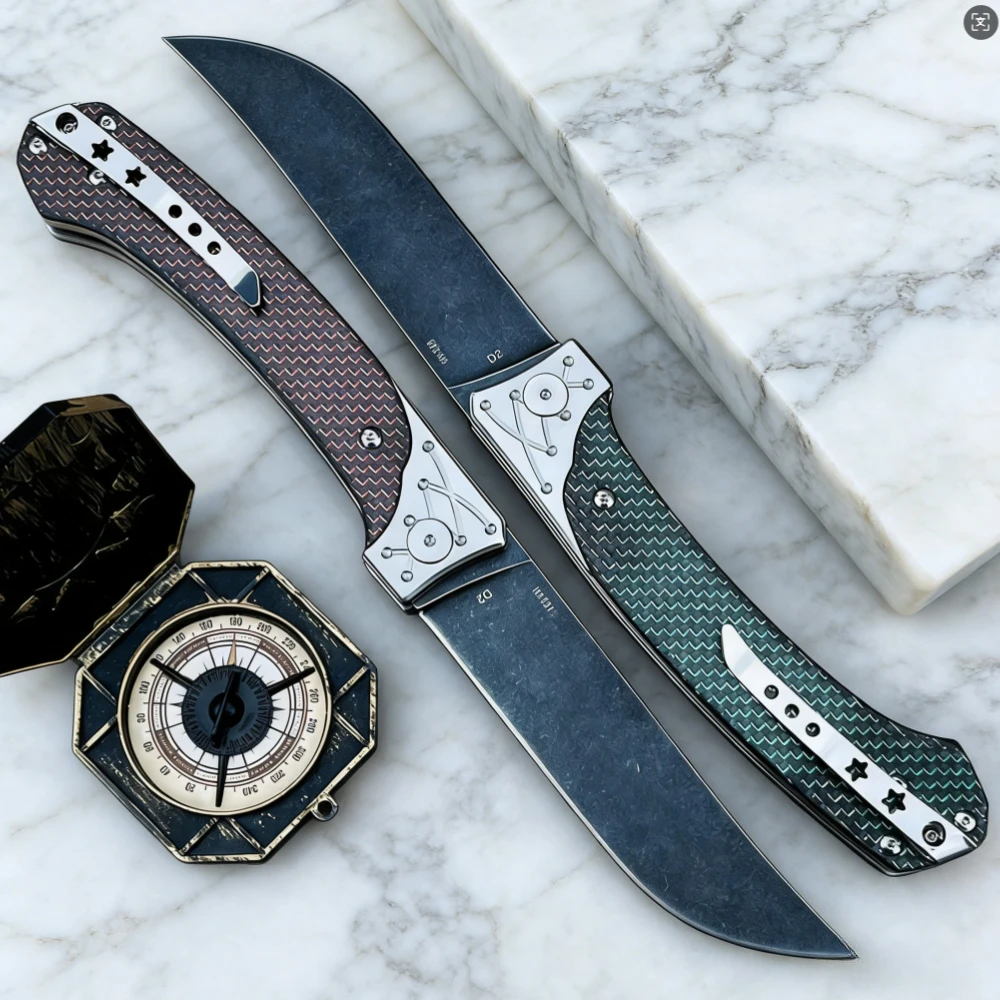 d2鋼製折りたたみナイフ、カーボンファイバーハンドル、軽量＆滑り止め加工、アウトドアedcポケットナイフ、キャンプや日常持ち運びに最適