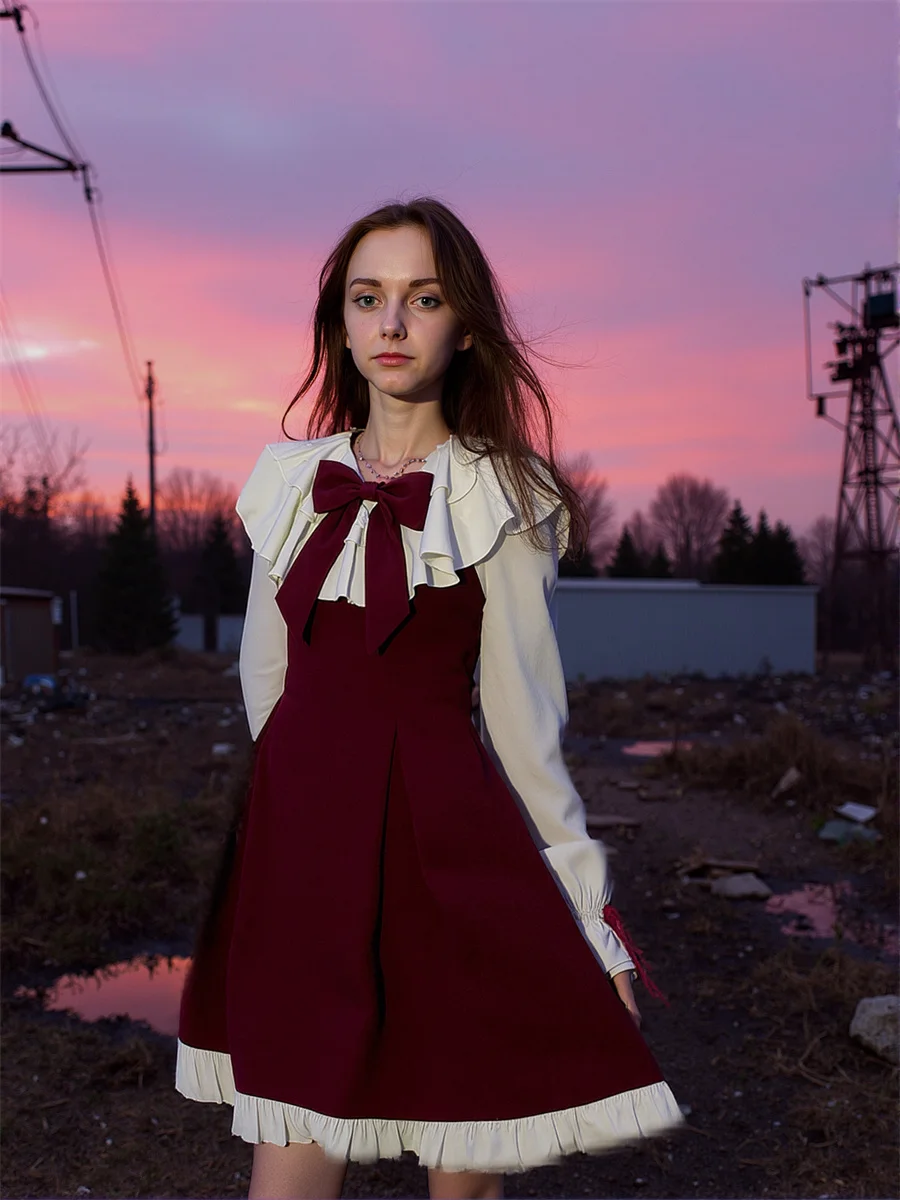 فستان نسائي للفتيات على الطراز الكوري أنيق بحافة منتفخة وربطة عنق وتفاصيل أمامية وخلفية وخصر لطيف جميل وحلو أنثوي جرلي #5