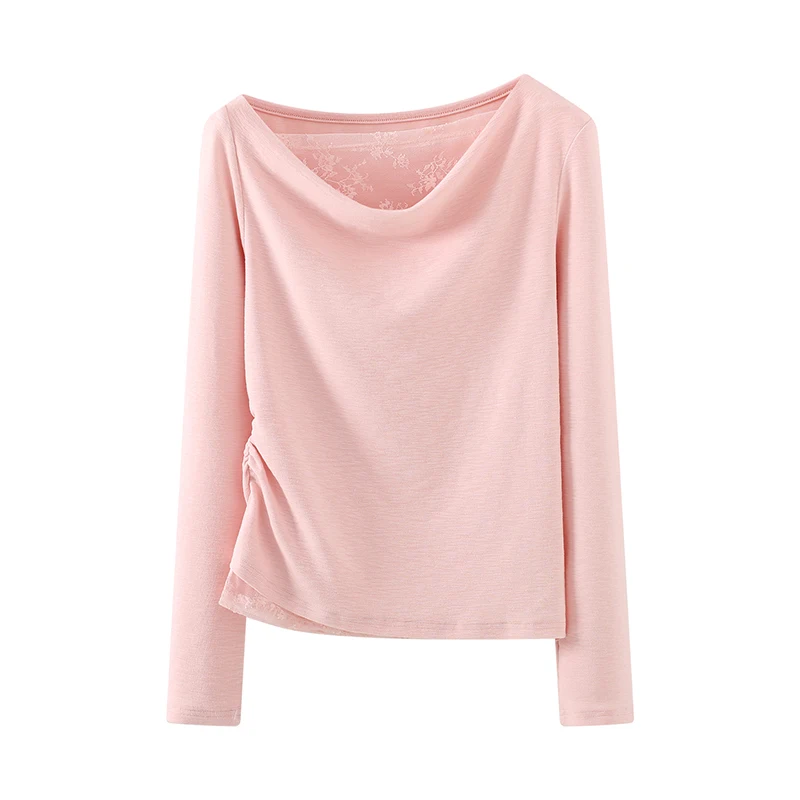 Chic Long Sleeve T-shirt Lace Patchwork Slim-fit Tops Korean Fashion Swing Collar White T-shirts Side Folds Spring Summer Shirts