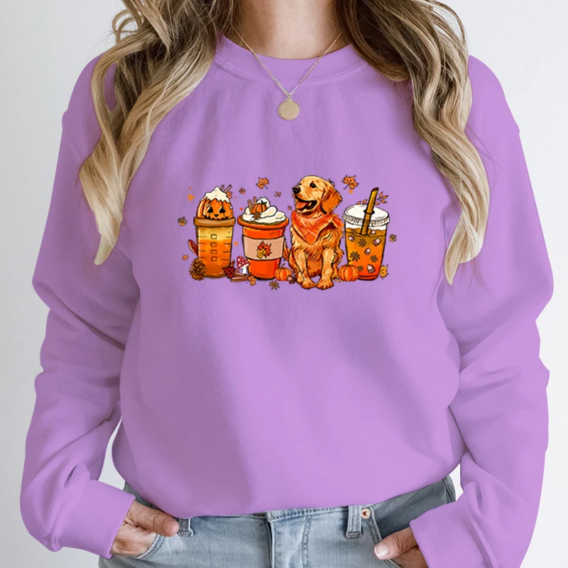 Fall Pumpkin Coffee Golden Retriever Print Sweatshirts Autumn Winter Long Sleeve Round Neck Pullovers Casual Hoodless Sweatshirt