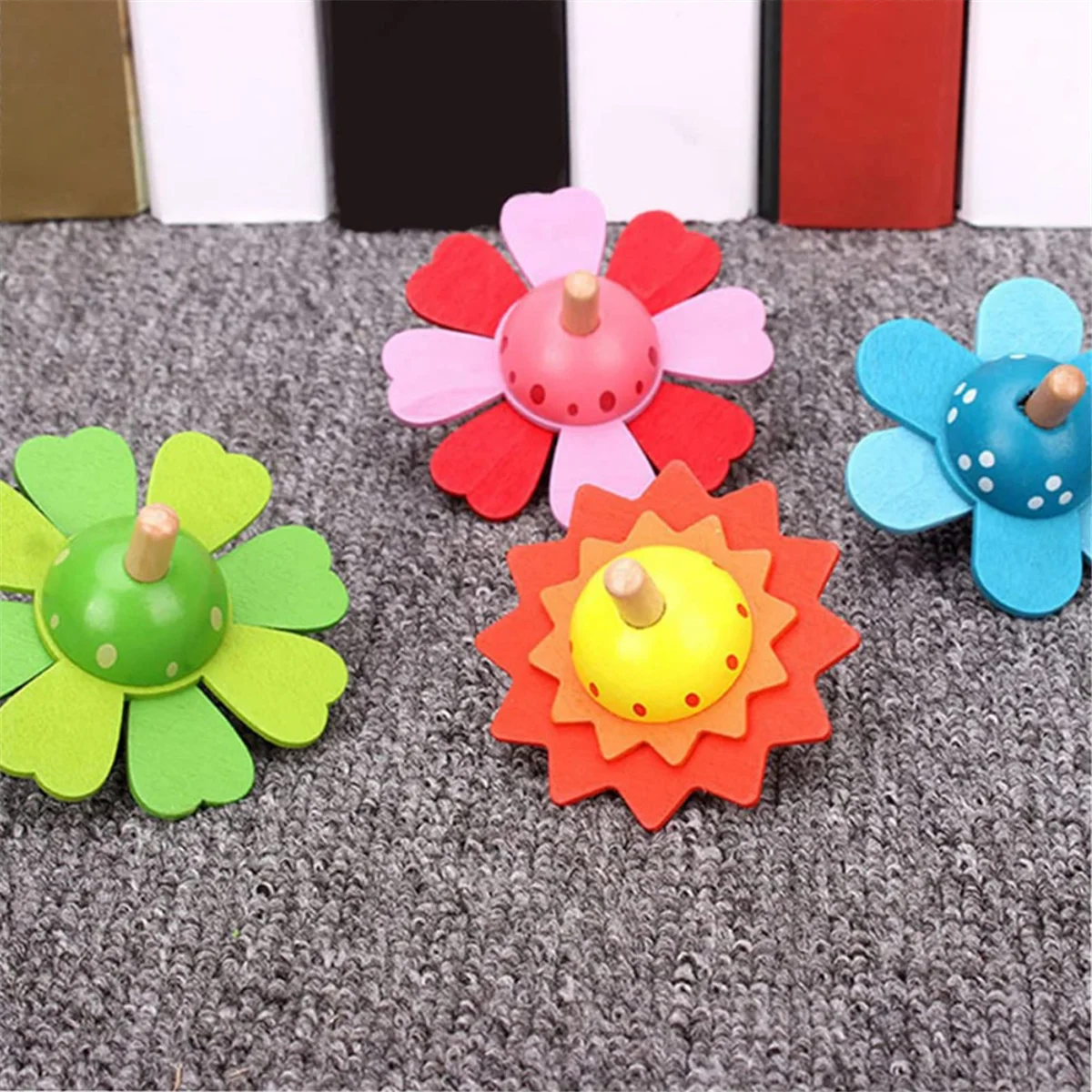 Children'S Top Toy, Wooden Painted Flower Spinning Top